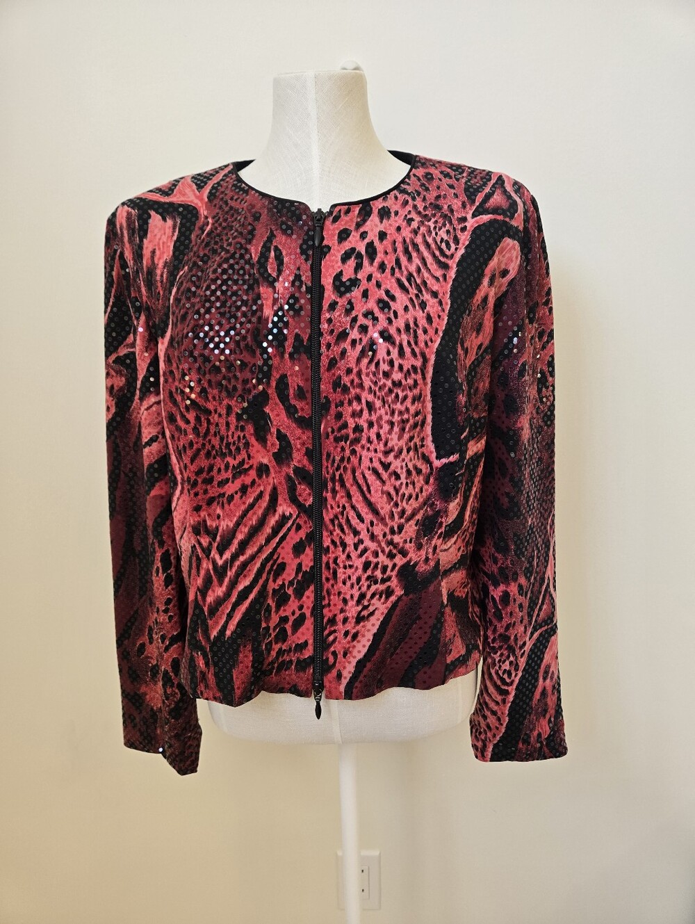 Joseph Ribkoff Red Black Animal Print Sequin Zip Jacket Size 16 Statement Blazer